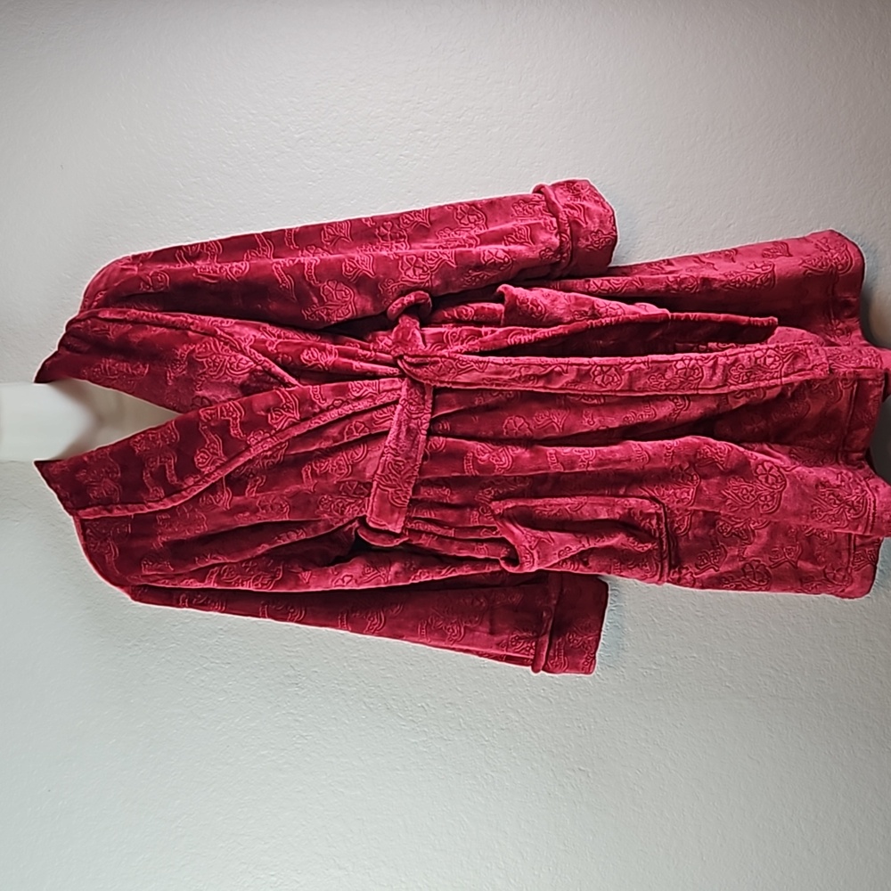 Charter Club Women's Cranberry Red Plush Floral Shawl Collar Loungewear Robe M